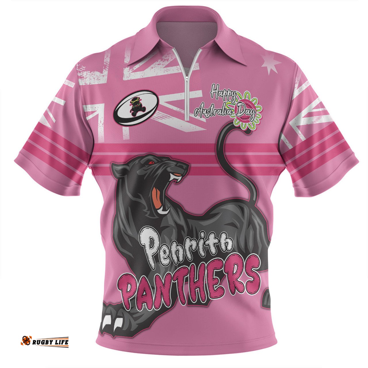 Penrith Panthers Zip Polo Shirt - Happy Australia Day We Are One And Free V2