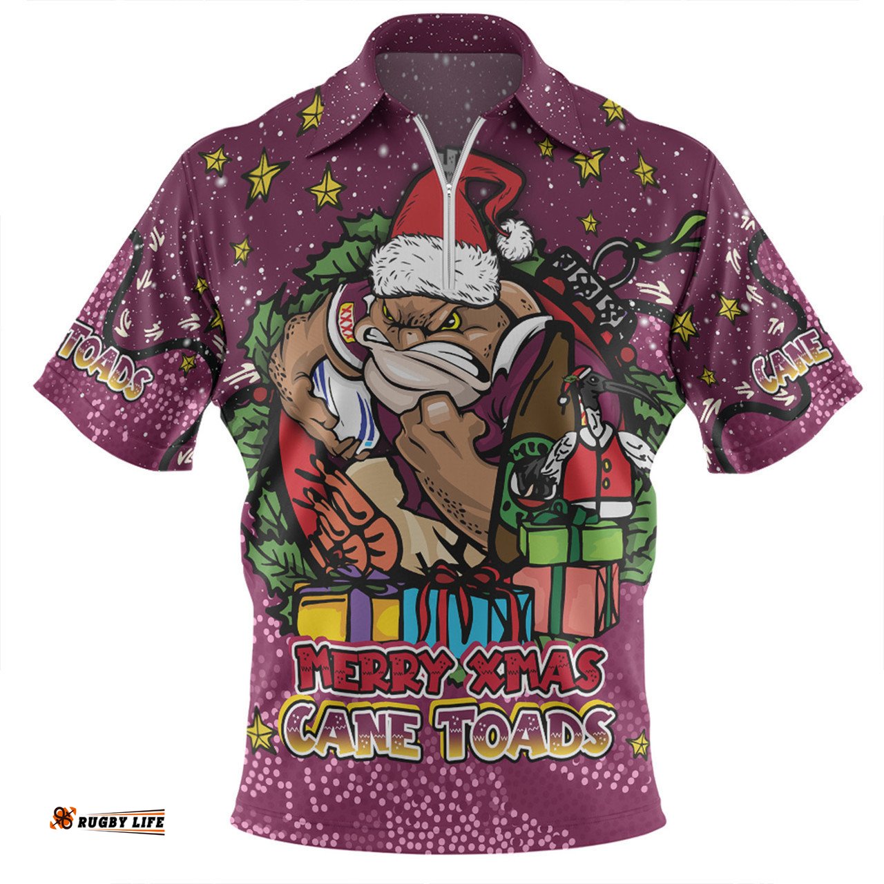 Queensland Cane Toads Christmas Custom Zip Polo Shirt - Merry Christmas Our Beloved Team With Aboriginal Dot Art Pattern Zip Polo Shirt