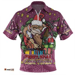 Queensland Cane Toads Christmas Custom Zip Polo Shirt - Merry Christmas Our Beloved Team With Aboriginal Dot Art Pattern Zip Polo Shirt