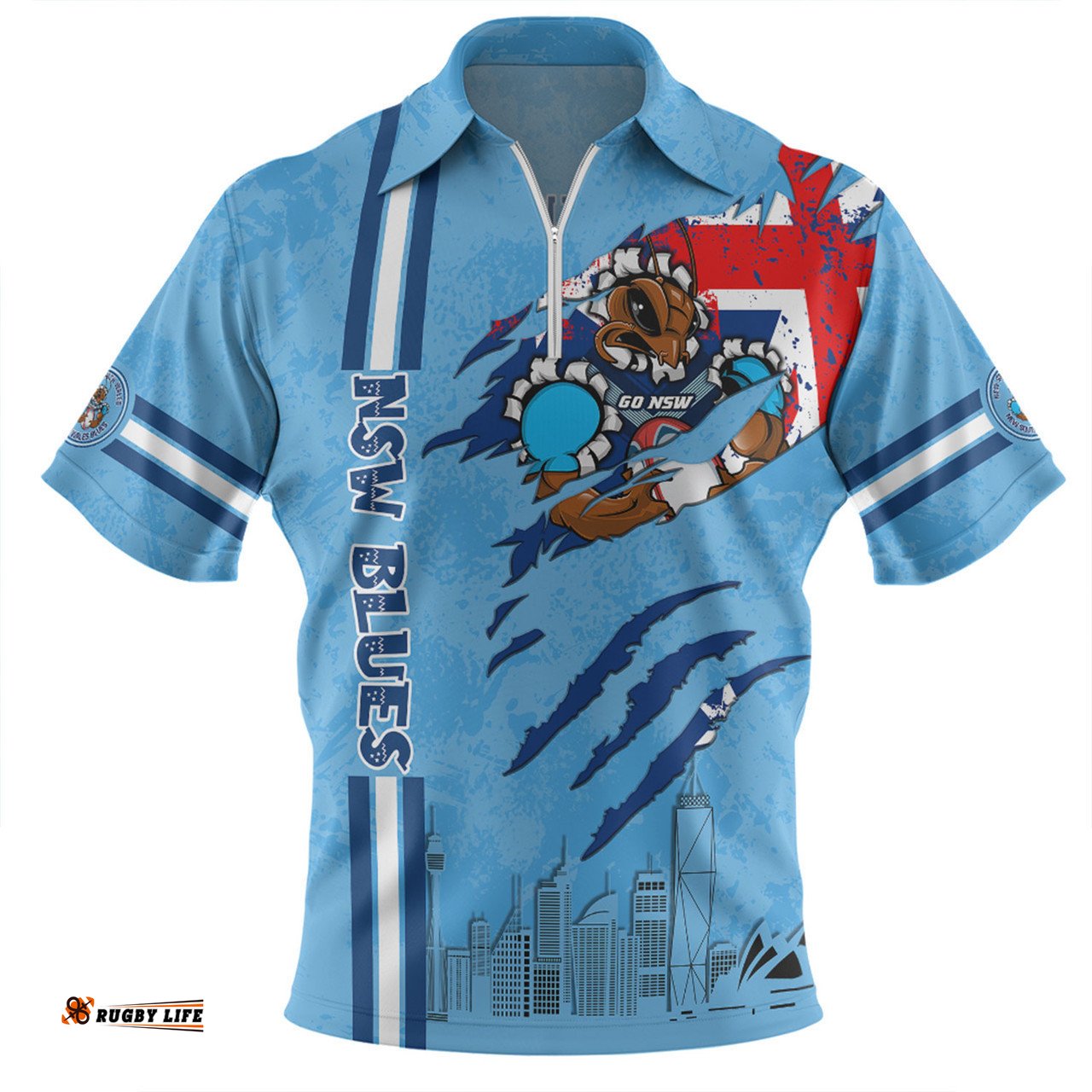 New South Wales Blues Zip Polo Shirt - Happy Australia Day Flag Scratch Style
