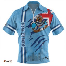 New South Wales Blues Zip Polo Shirt - Happy Australia Day Flag Scratch Style