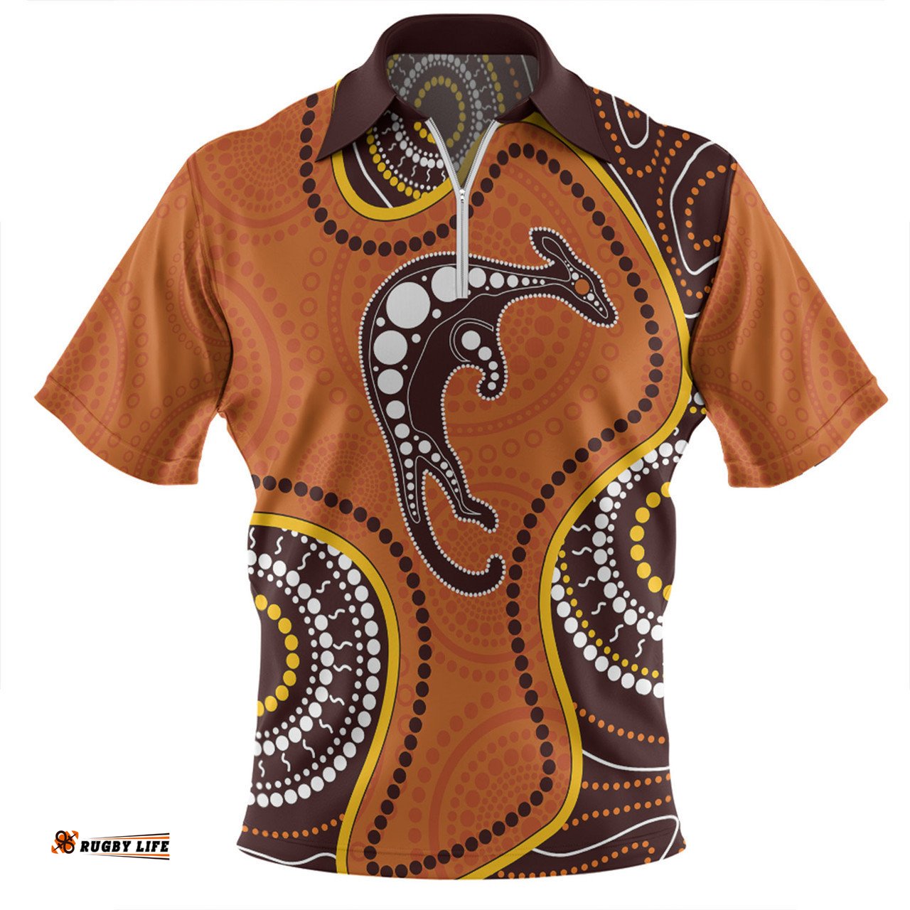 Australia Zip Polo Shirt Aboriginal Art With Kangaroo