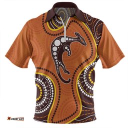 Australia Zip Polo Shirt Aboriginal Art With Kangaroo
