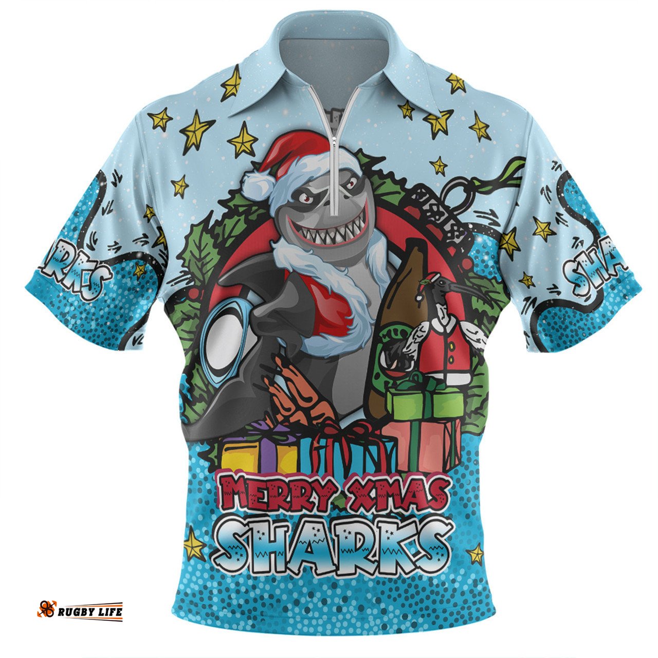Cronulla-Sutherland Sharks Christmas Custom Zip Polo Shirt - Merry Christmas Our Beloved Team With Aboriginal Dot Art Pattern Zip Polo Shirt