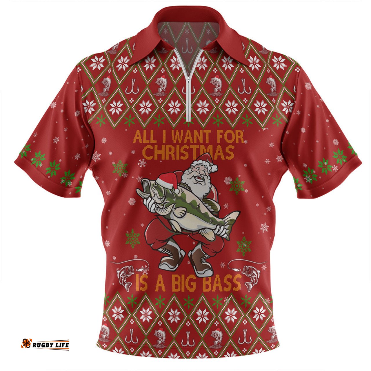 Australia Christmas Fishing Custom Zip Polo Shirt - All I Want For Christmas Is A Big Bass Zip Polo Shirt