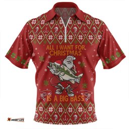 Australia Christmas Fishing Custom Zip Polo Shirt - All I Want For Christmas Is A Big Bass Zip Polo Shirt