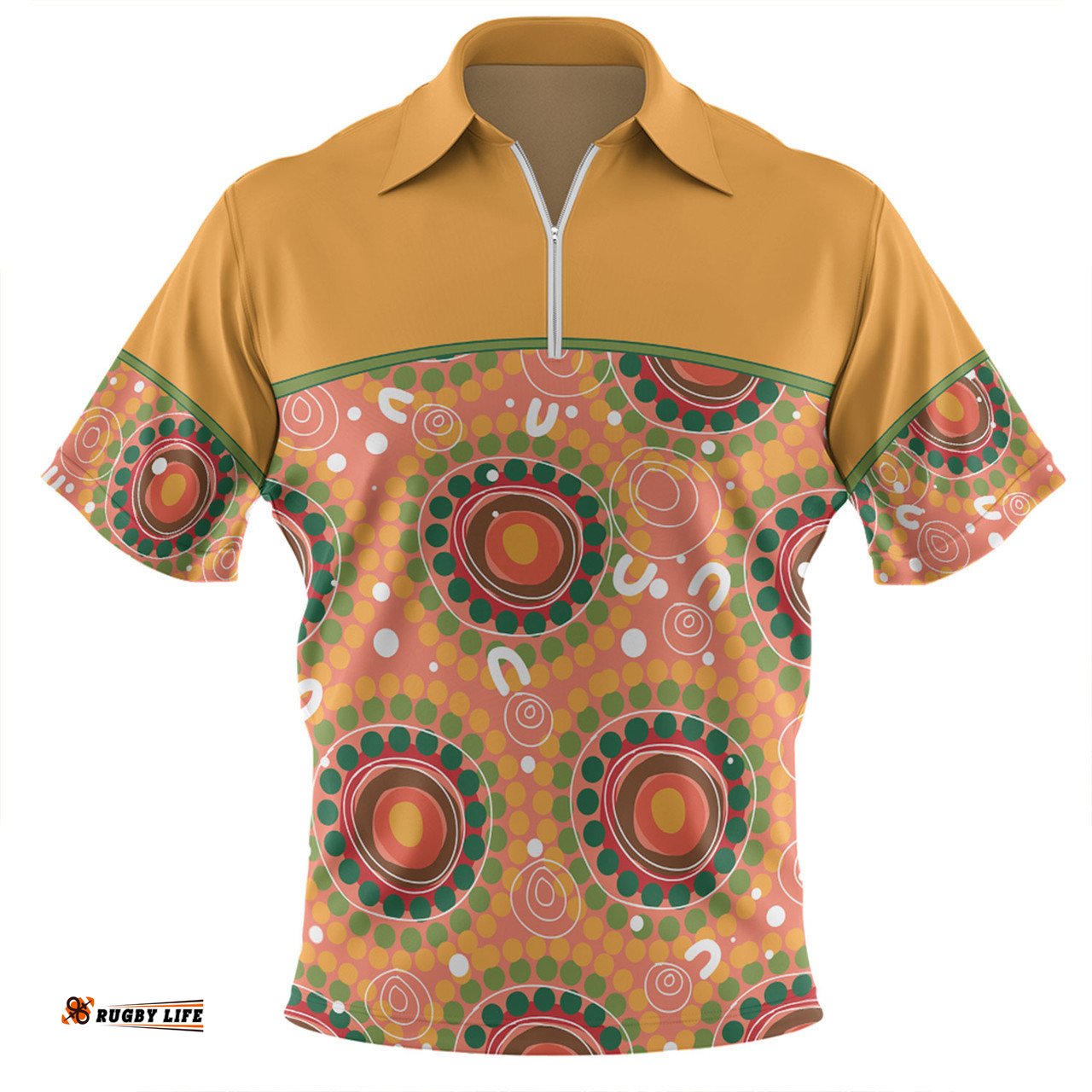 Australia Aboriginal Custom Zip Polo Shirt - Abstract Seamless Pattern With Aboriginal Inspired Zip Polo Shirt