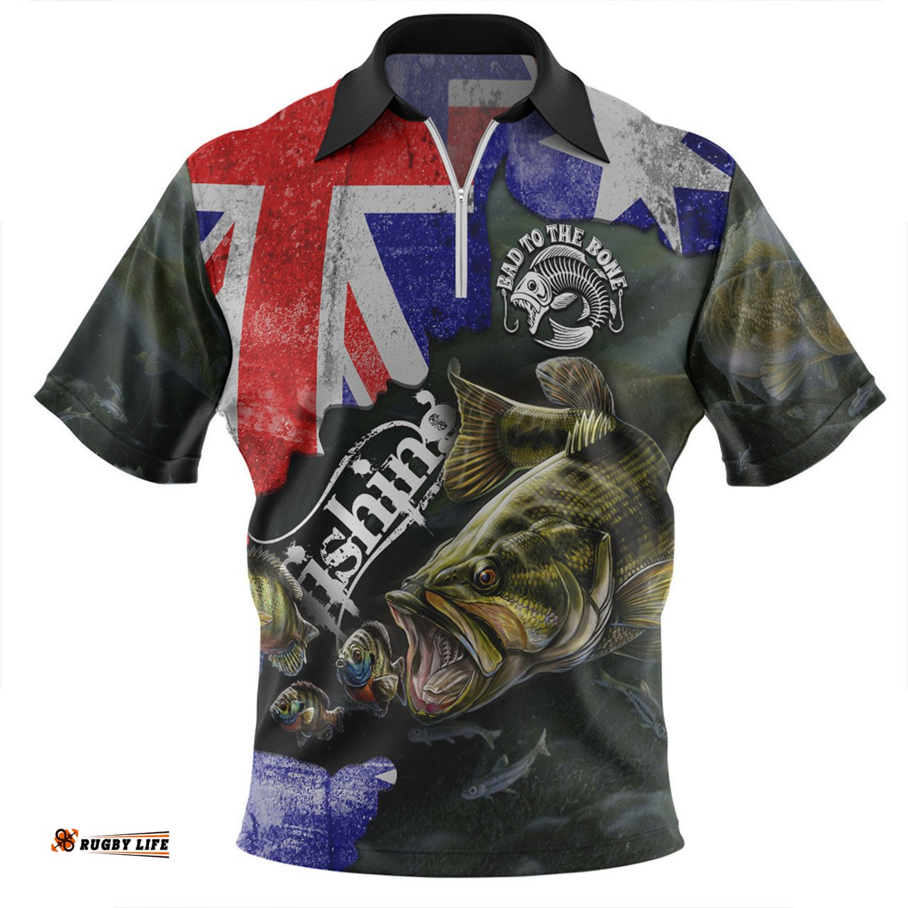Australia Fishing Zip Polo Shirt - Bad To The Bone Fishing Australia Flag Vintage Zip Polo Shirt