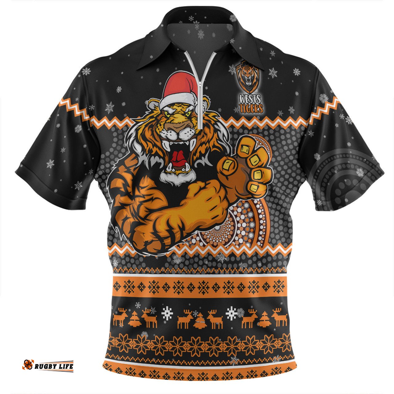 Wests Tigers Christmas Custom Zip Polo Shirt - Ugly Xmas And Aboriginal Patterns For Die Hard Fan Zip Polo Shirt