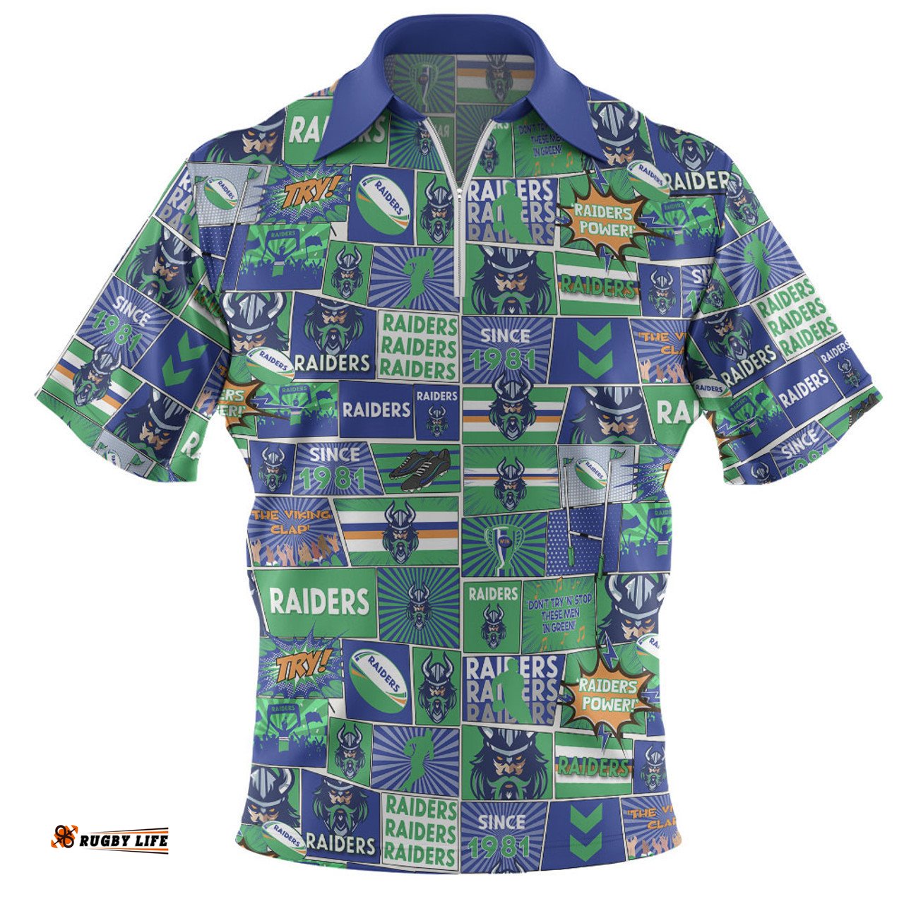 Canberra Raiders Zip Polo Shirt - Team Of Us Die Hard Fan Supporters Comic Style Zip Polo Shirt