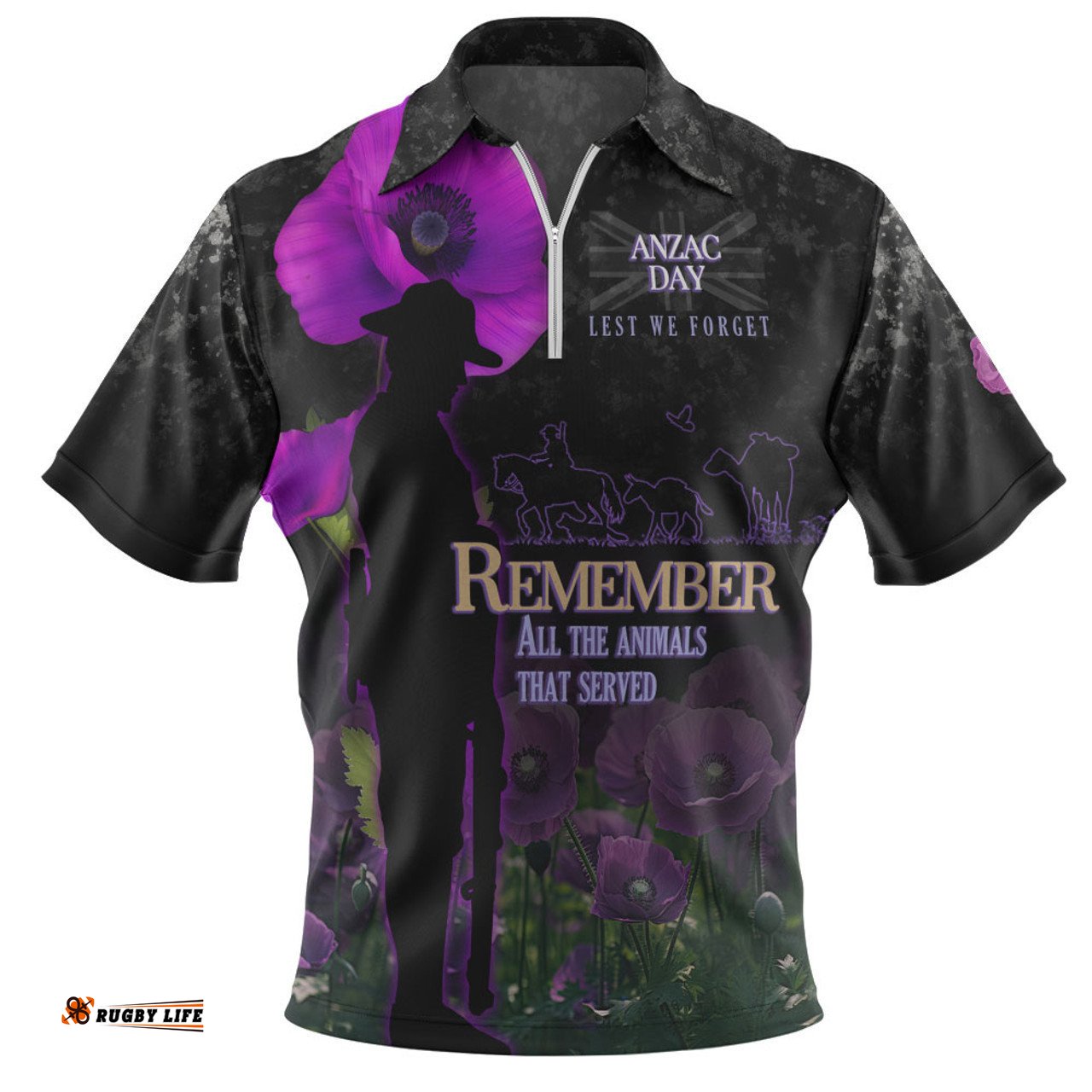 Anzac Day Zip Polo Shirt - Remember All Animals That Served