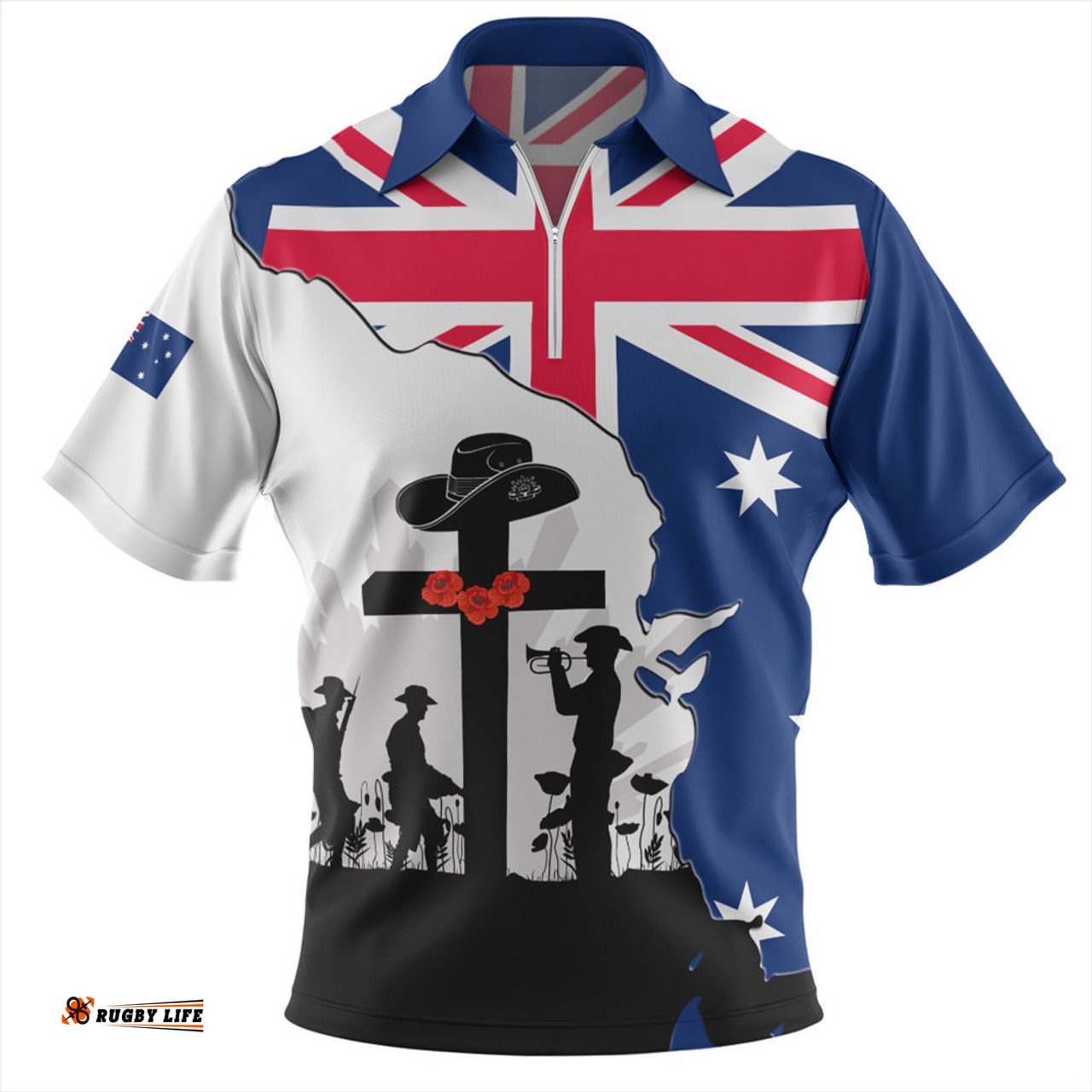 Australia Anzac Day Zip Polo Shirt - Anzac Day With Map And Flag Australia Zip Polo Shirt