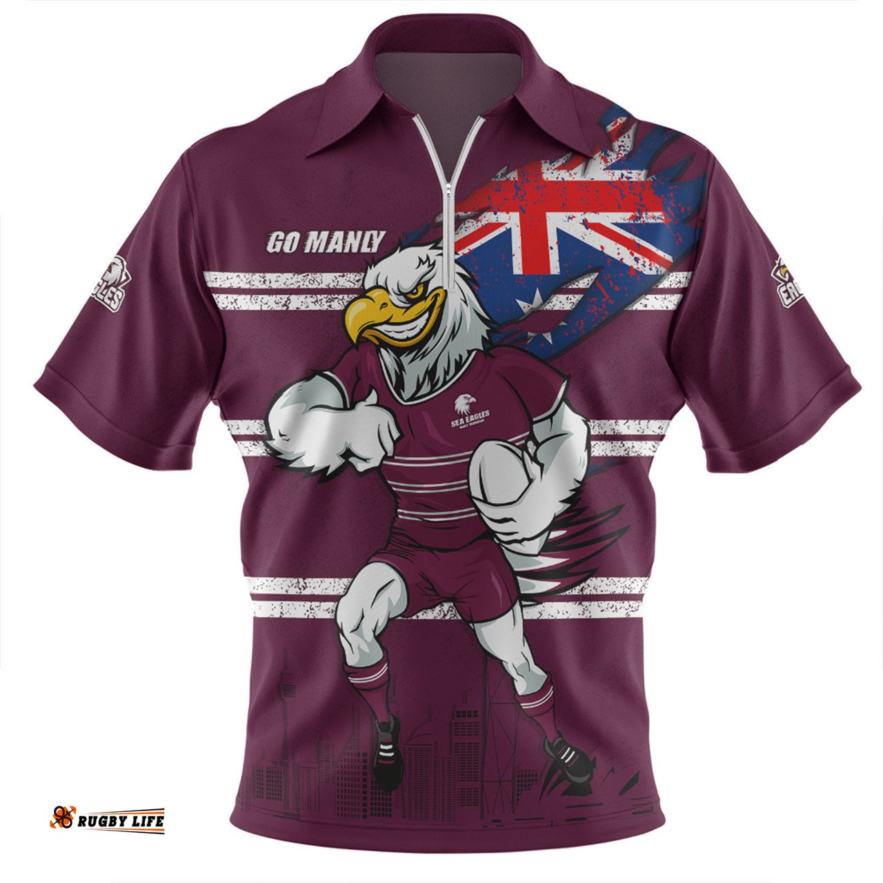 Manly Warringah Sea Eagles Zip Polo Shirt Custom For Die Hard Fan Australia Flag Scratch Style