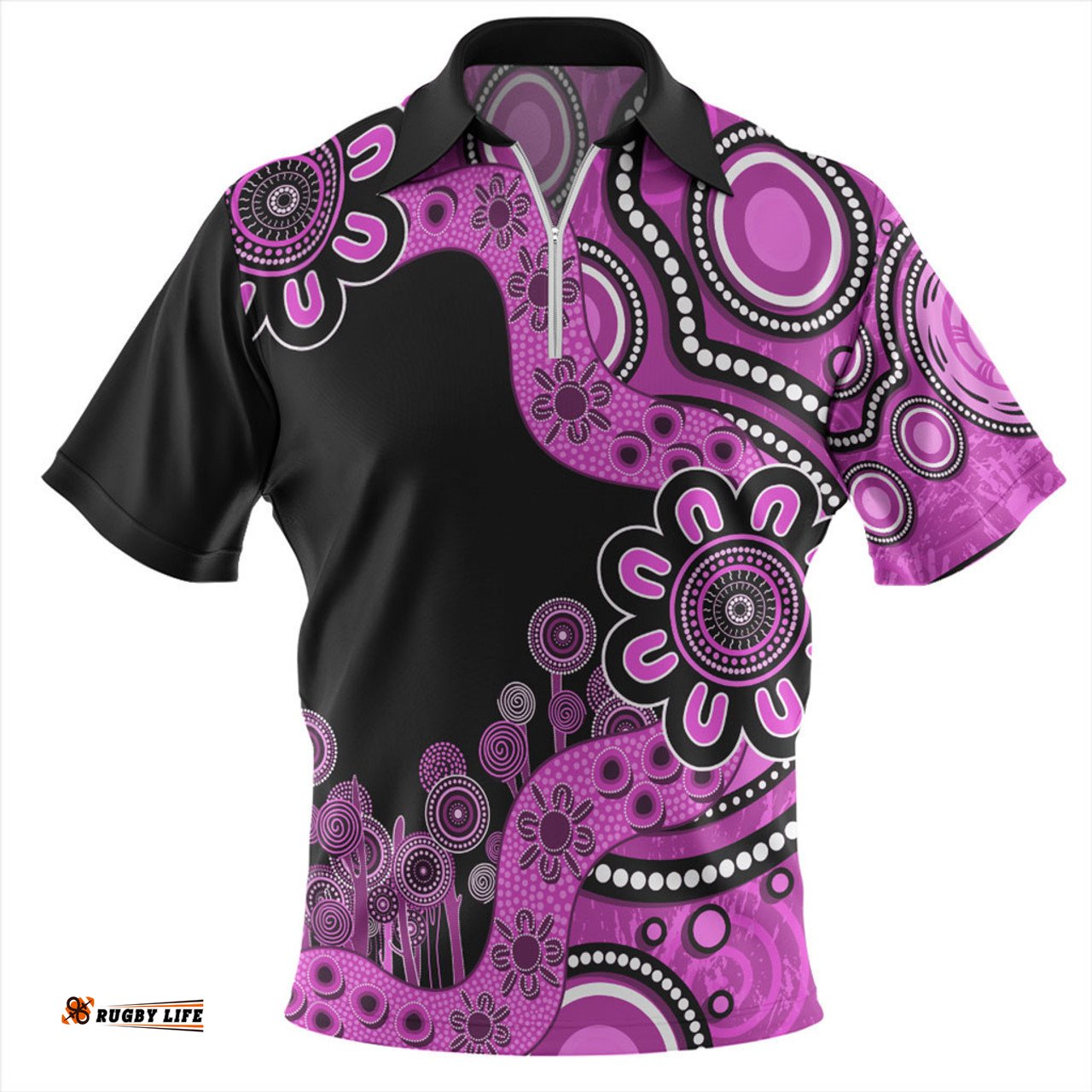 Australia Zip Polo Shirt Aboriginal Indigenous Dot Painting Pink