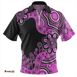 Australia Zip Polo Shirt Aboriginal Indigenous Dot Painting Pink