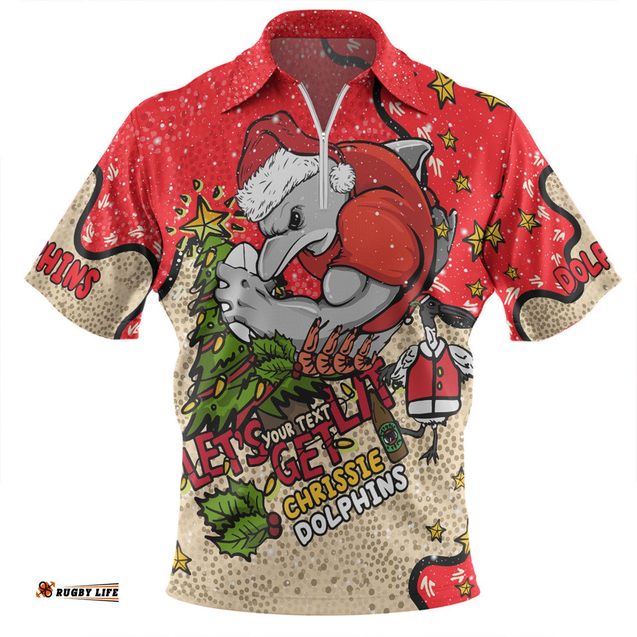 Redcliffe Dolphins Christmas Custom Zip Polo Shirt - Let's Get Lit Chrisse Pressie Zip Polo Shirt