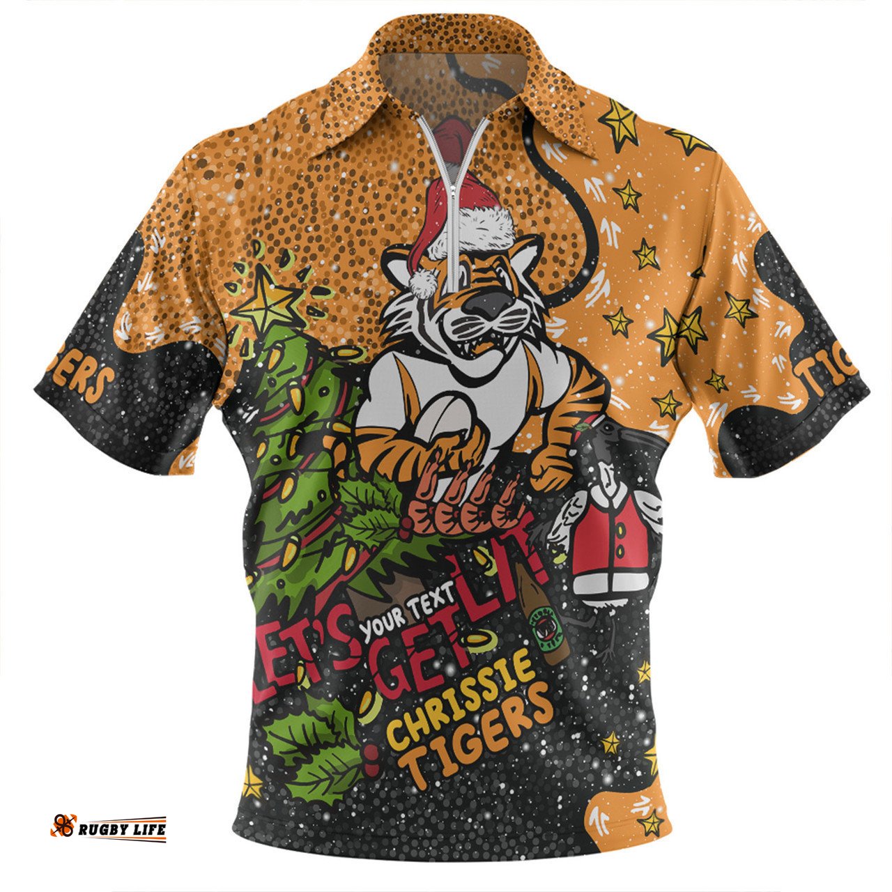 Wests Tigers Christmas Custom Zip Polo Shirt - Let's Get Lit Chrisse Pressie Zip Polo Shirt