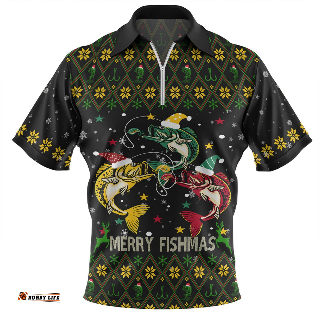 Australia Christmas Fishing Custom Zip Polo Shirt - Merry Fishmas Fishing Ugly Christmas Zip Polo Shirt
