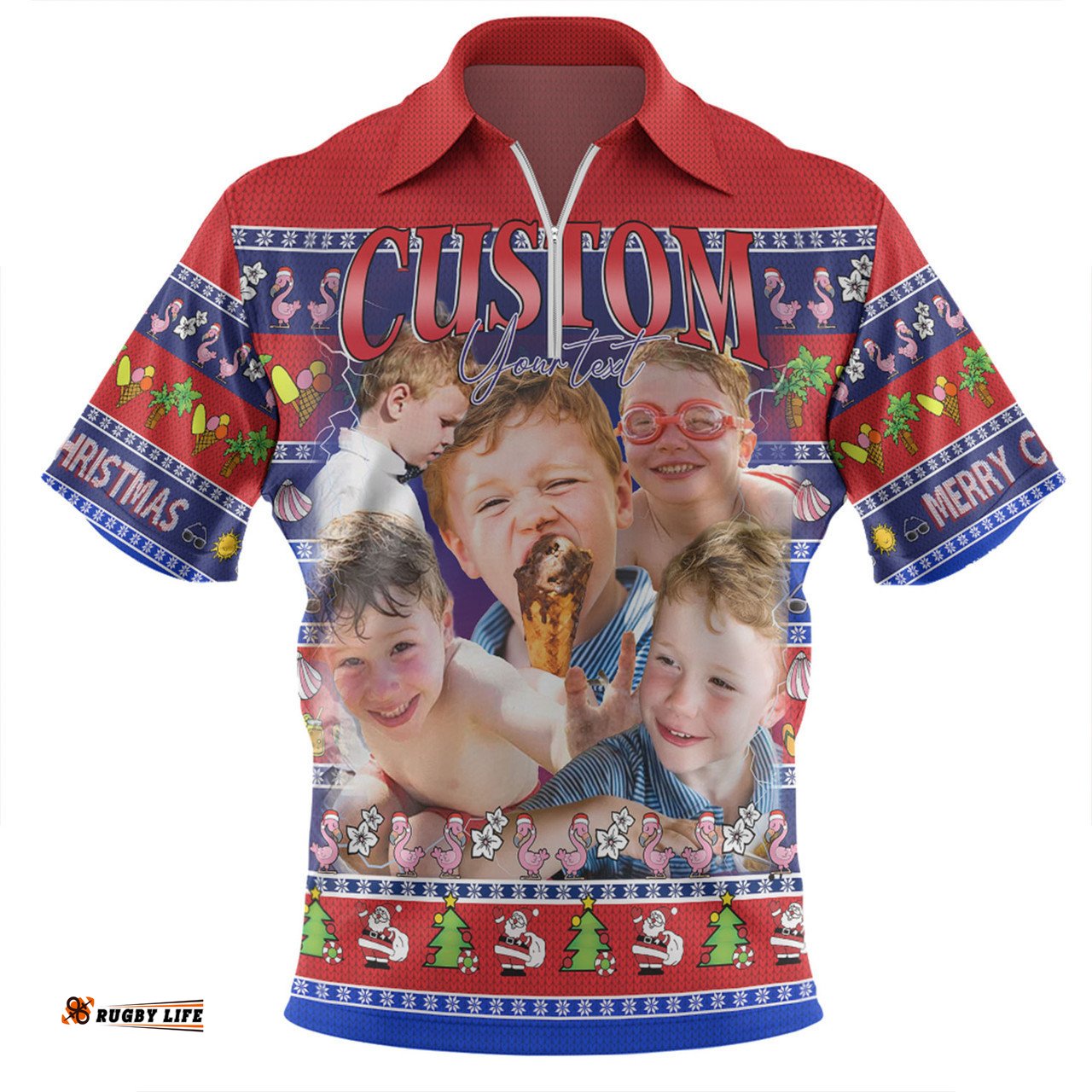 Australia Christmas Custom Zip Polo Shirt - Personalised Blue Summer Vibes Chrissie Present Zip Polo Shirt