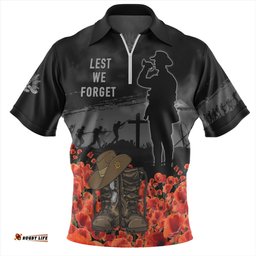 Australia Zip Polo Shirt Lest We Forget Hat And Boots Design Poppy Flower