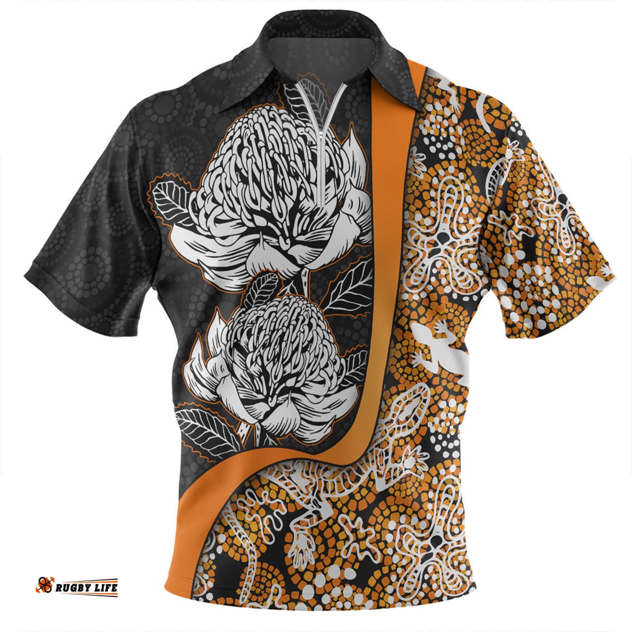 Australia  Warratah Goanna Aboriginal Zip Polo Shirt - Waratah Flowers With Orange Lizards, Stones, Sand Dot Art Painting Inspired Zip Polo Shirt
