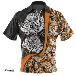 Australia  Warratah Goanna Aboriginal Zip Polo Shirt - Waratah Flowers With Orange Lizards, Stones, Sand Dot Art Painting Inspired Zip Polo Shirt