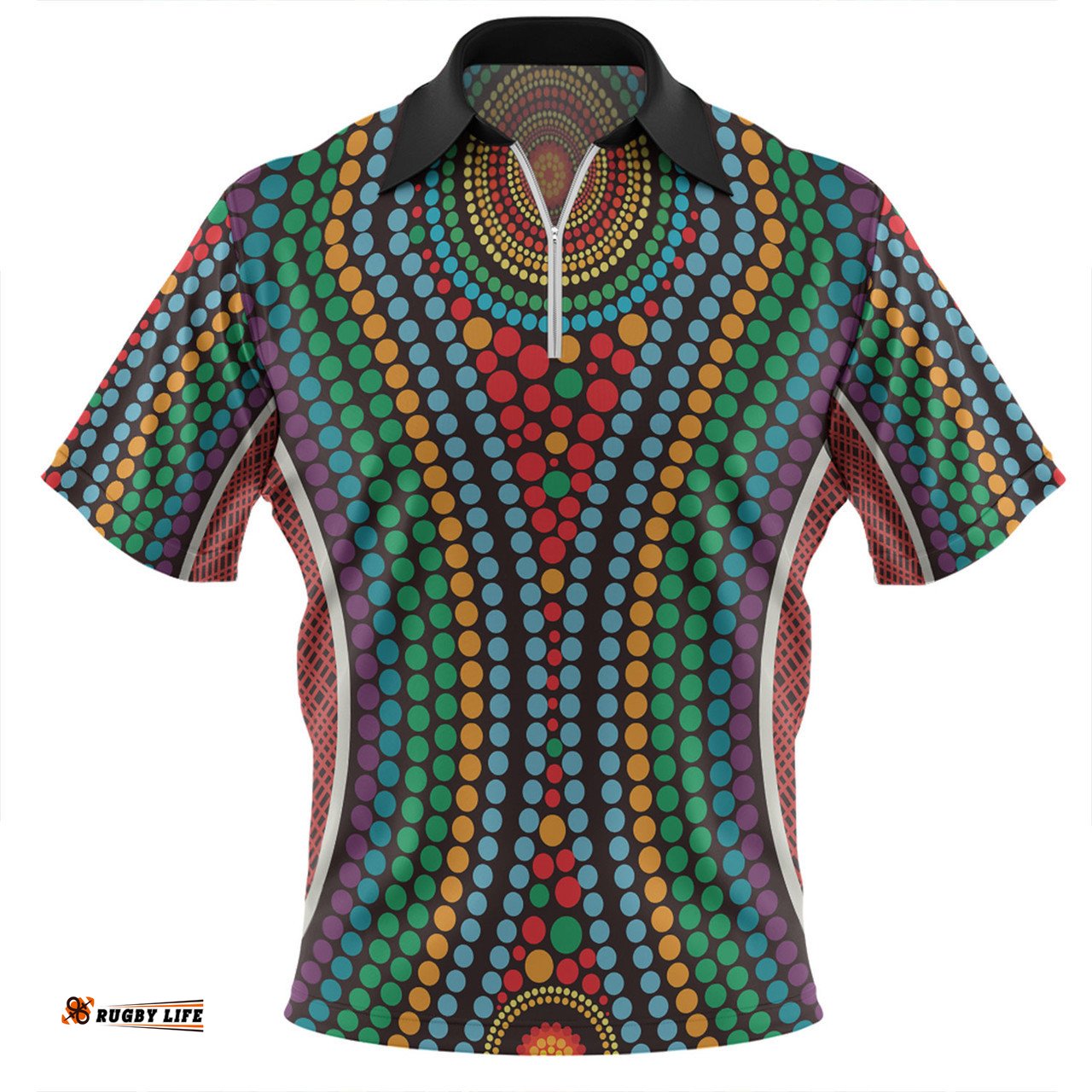 Australia Dot Painting Inspired Aboriginal Zip Polo Shirt - Dot Color In The Aboriginal Style Zip Polo Shirt