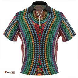 Australia Dot Painting Inspired Aboriginal Zip Polo Shirt - Dot Color In The Aboriginal Style Zip Polo Shirt