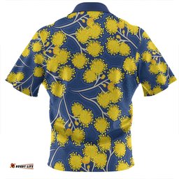 Australia Flowers Aboriginal Zip Polo Shirt - Yellow Wattle Flowers With Aboriginal Dot Art Zip Polo Shirt