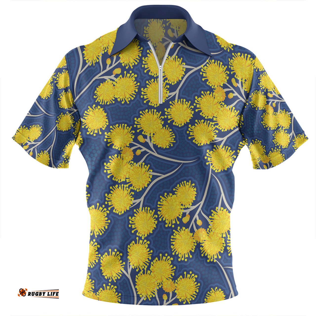 Australia Flowers Aboriginal Zip Polo Shirt - Yellow Wattle Flowers With Aboriginal Dot Art Zip Polo Shirt