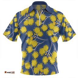 Australia Flowers Aboriginal Zip Polo Shirt - Yellow Wattle Flowers With Aboriginal Dot Art Zip Polo Shirt