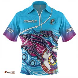 Australia Fishing Aboriginal Fishing Custom Zip Polo Shirt - Fishaholic With The Dhari Symbol And Aboriginal Pattern Zip Polo Shirt