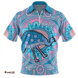 Australia Emu Aboriginal Custom Zip Polo Shirt - Blue Indigenous Dreamtime Emu Zip Polo Shirt