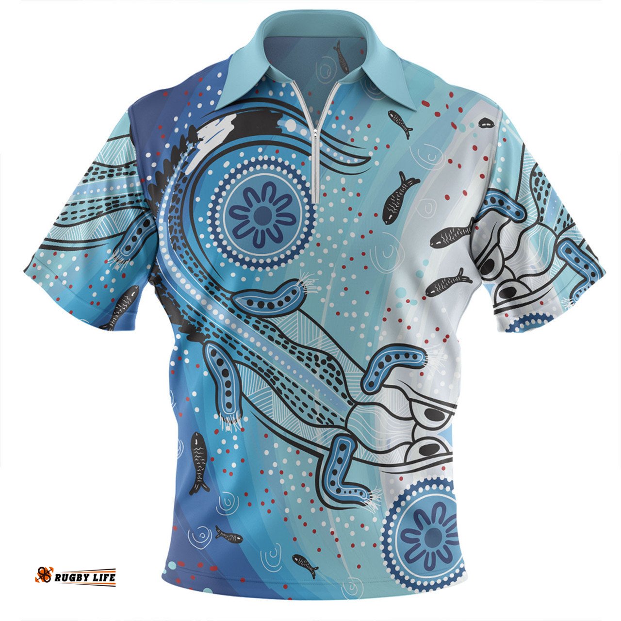 Australia Dot Painting Inspired Aboriginal Zip Polo Shirt - Aboriginal Dot Art With Crocodile Zip Polo Shirt