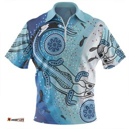 Australia Dot Painting Inspired Aboriginal Zip Polo Shirt - Aboriginal Dot Art With Crocodile Zip Polo Shirt