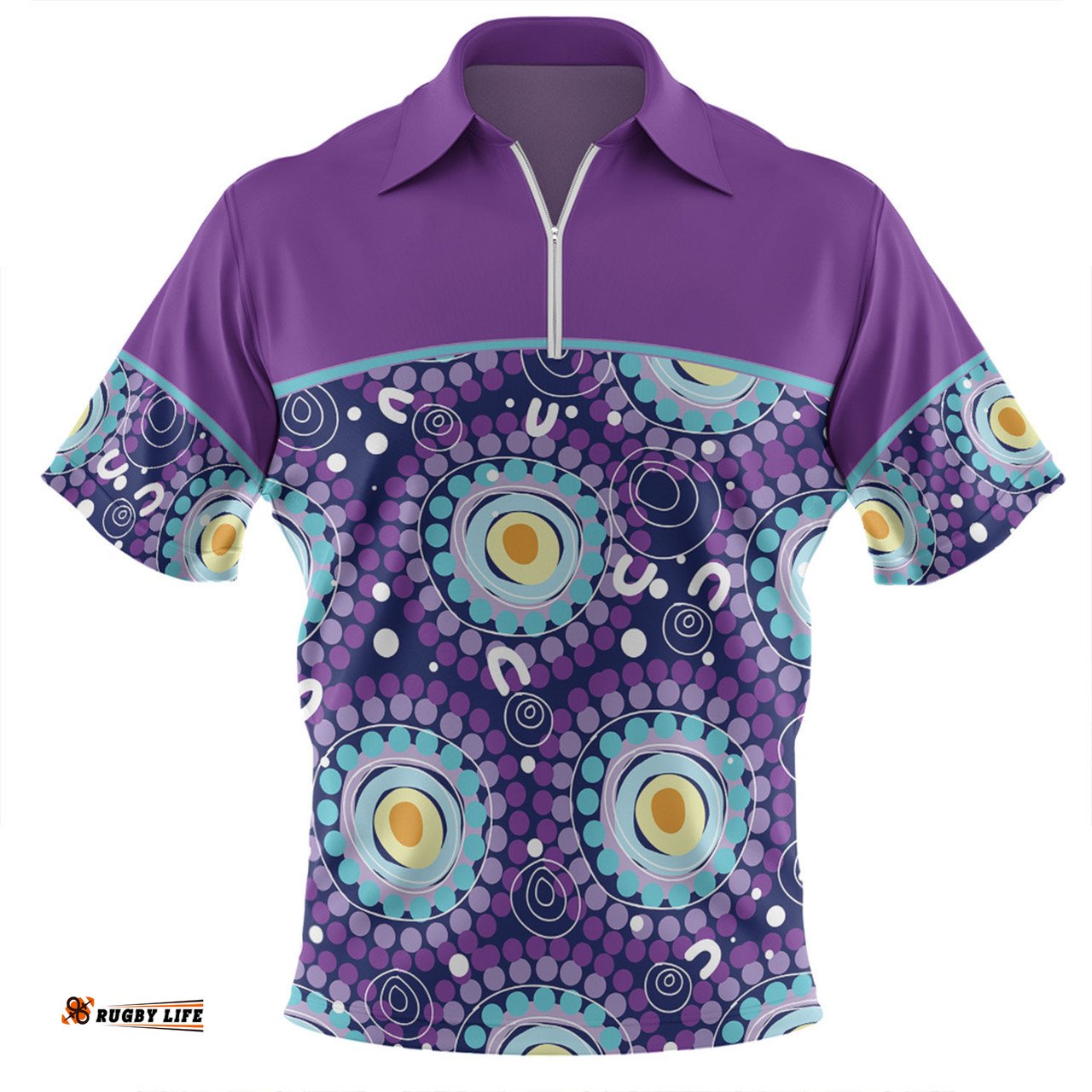 Australia Aboriginal Custom Zip Polo Shirt - Purple Abstract Seamless Pattern With Aboriginal Inspired Zip Polo Shirt