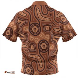 Australia Dot Painting Inspired Aboriginal Zip Polo Shirt - Brown Aboriginal Australian Art With Boomerang Zip Polo Shirt