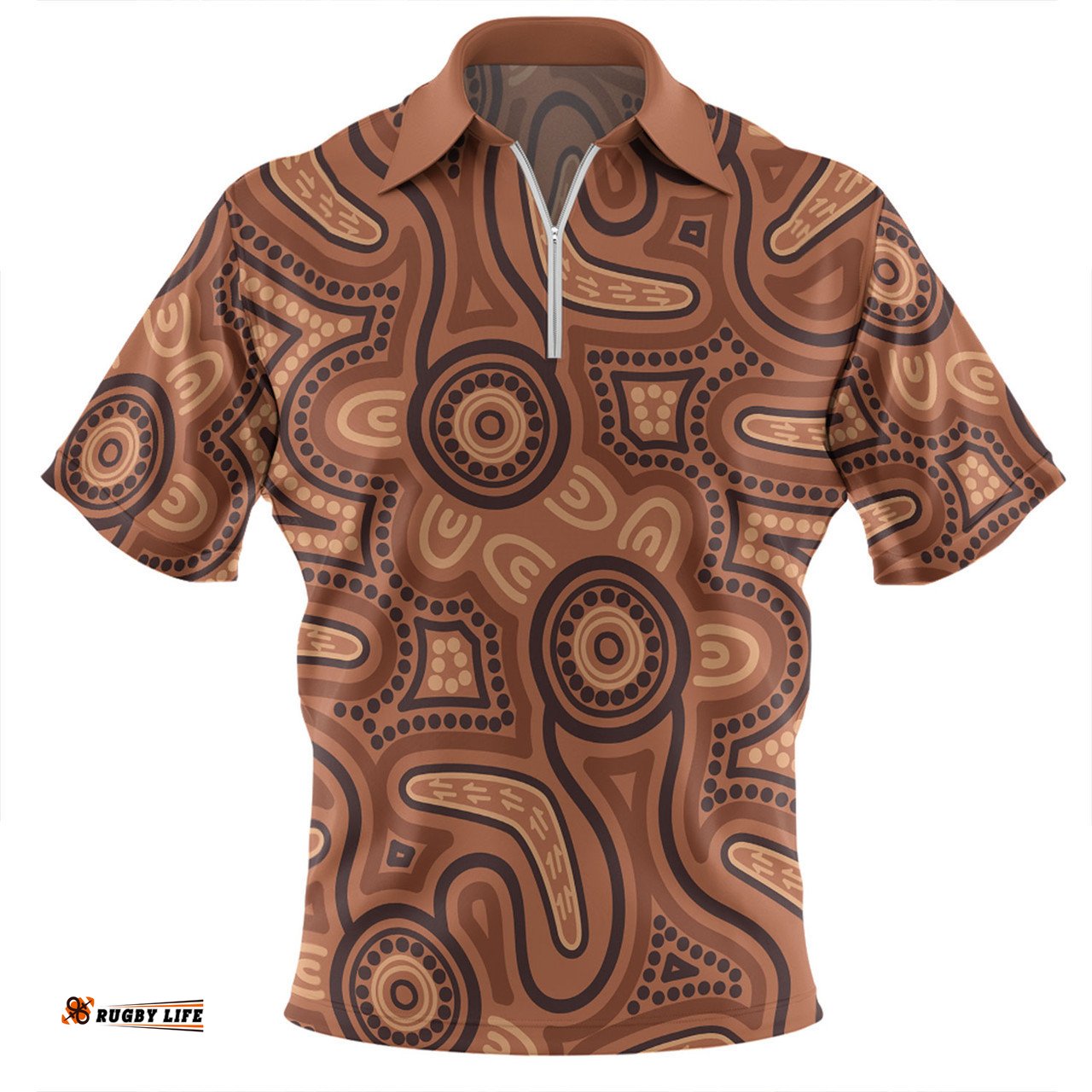Australia Dot Painting Inspired Aboriginal Zip Polo Shirt - Brown Aboriginal Australian Art With Boomerang Zip Polo Shirt