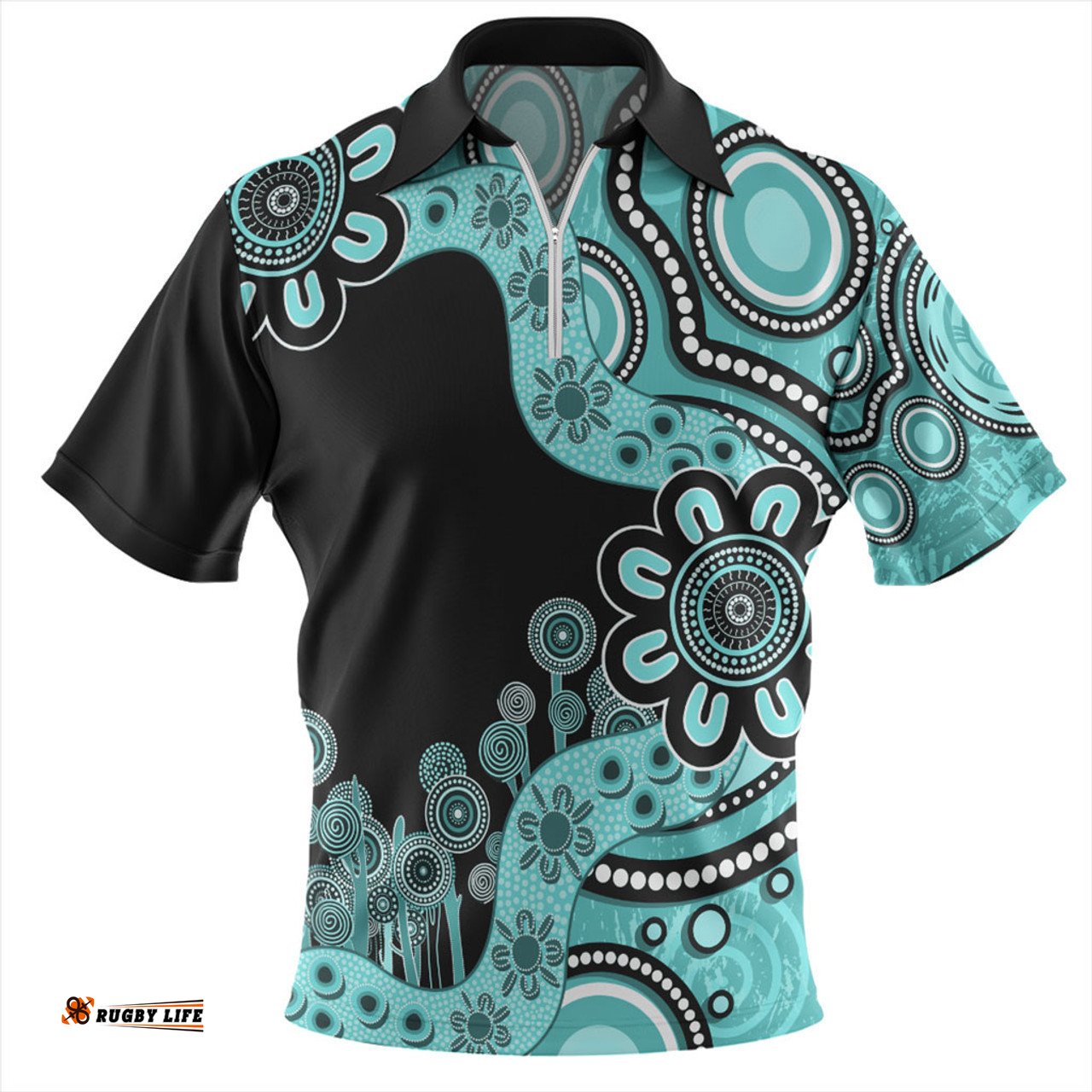 Australia Zip Polo Shirt Aboriginal Indigenous Dot Painting Turquoise