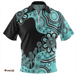 Australia Zip Polo Shirt Aboriginal Indigenous Dot Painting Turquoise