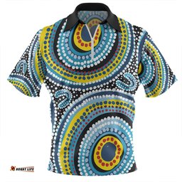 Australia Dot Painting Inspired Aboriginal Zip Polo Shirt - Blue Aboriginal Style Dot Art Zip Polo Shirt