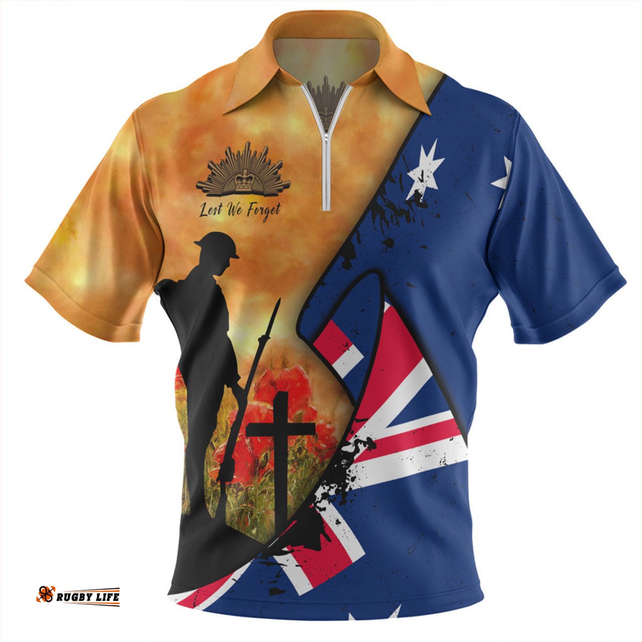 Australia Anzac Day Zip Polo Shirt - Anzac Day Flag Lest We Forget Zip Polo Shirt