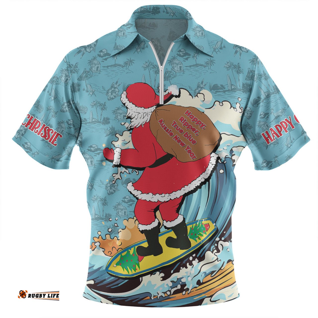 Australia Surfing Christmas Zip Polo Shirt - Santa Happy Chrissie Tropical Pattern Zip Polo Shirt