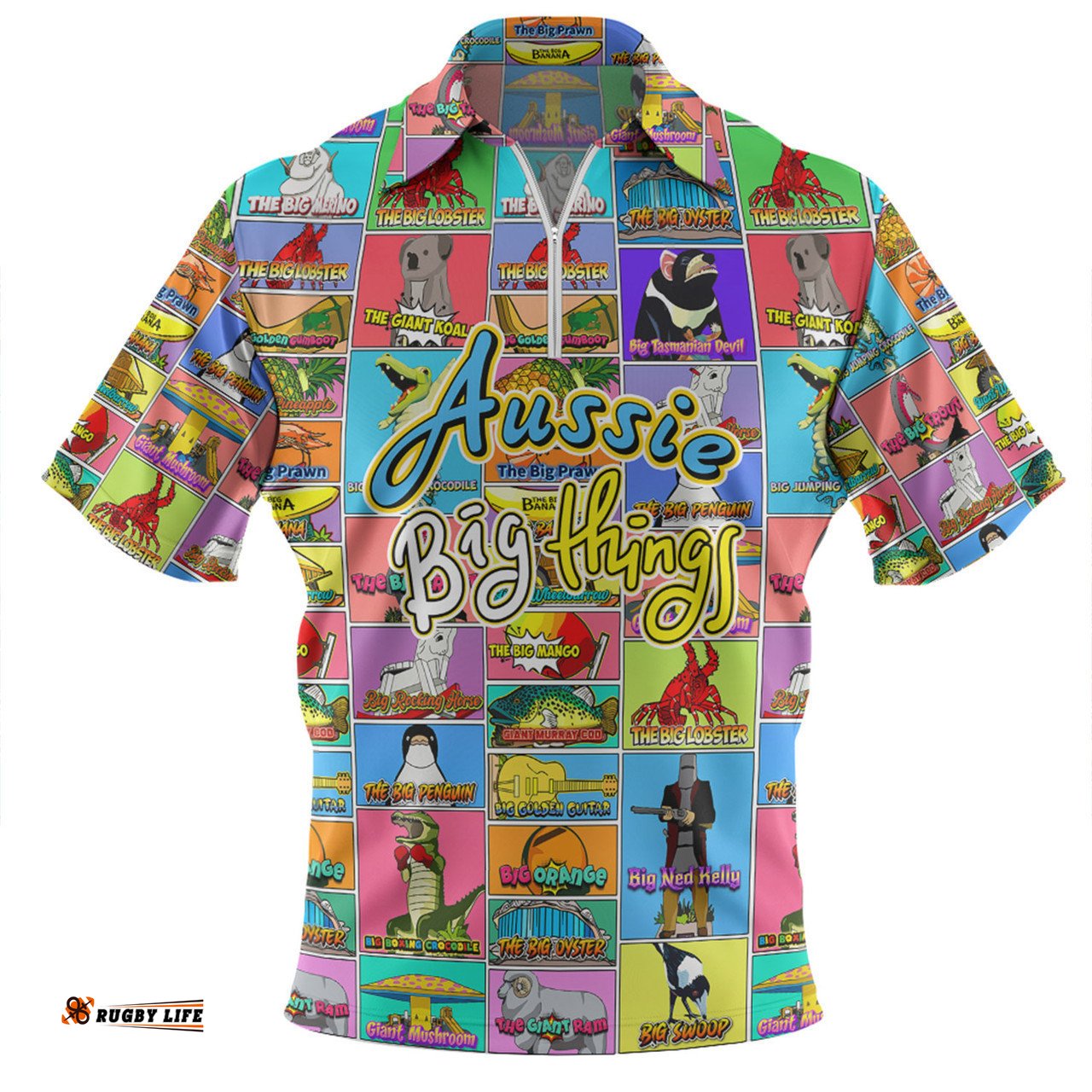 Australia Zip Polo Shirt - Australia's Iconic Big Things Postage Stamps Style Zip Polo Shirt