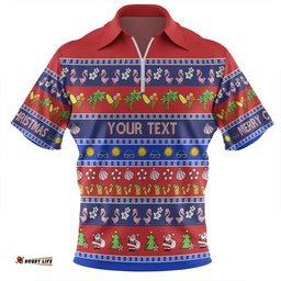 Australia Christmas Custom Zip Polo Shirt - Aussie Christmas Flamingo Summer Vibes Blue Zip Polo Shirt