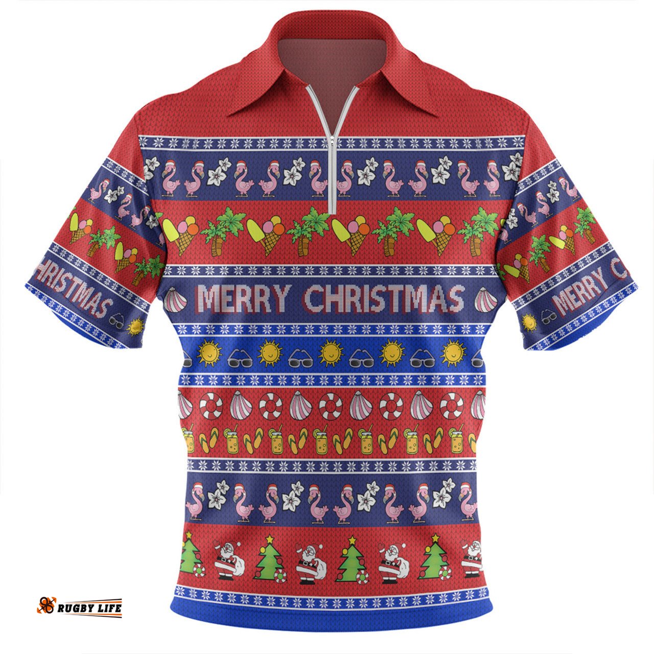 Australia Christmas Custom Zip Polo Shirt - Aussie Christmas Flamingo Summer Vibes Blue Zip Polo Shirt
