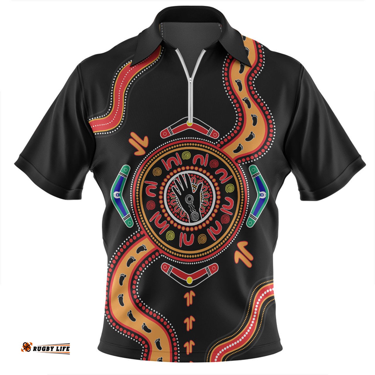 Australia Zip Polo Shirt Aboriginal Inspired Meeting Place Style Of Dot Painting