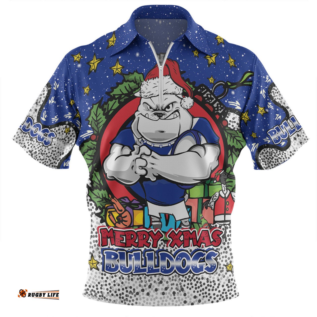 Canterbury-Bankstown Bulldogs Christmas Custom Zip Polo Shirt - Merry Christmas Our Beloved Team With Aboriginal Dot Art Pattern Zip Polo Shirt