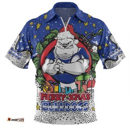 Canterbury-Bankstown Bulldogs Christmas Custom Zip Polo Shirt - Merry Christmas Our Beloved Team With Aboriginal Dot Art Pattern Zip Polo Shirt