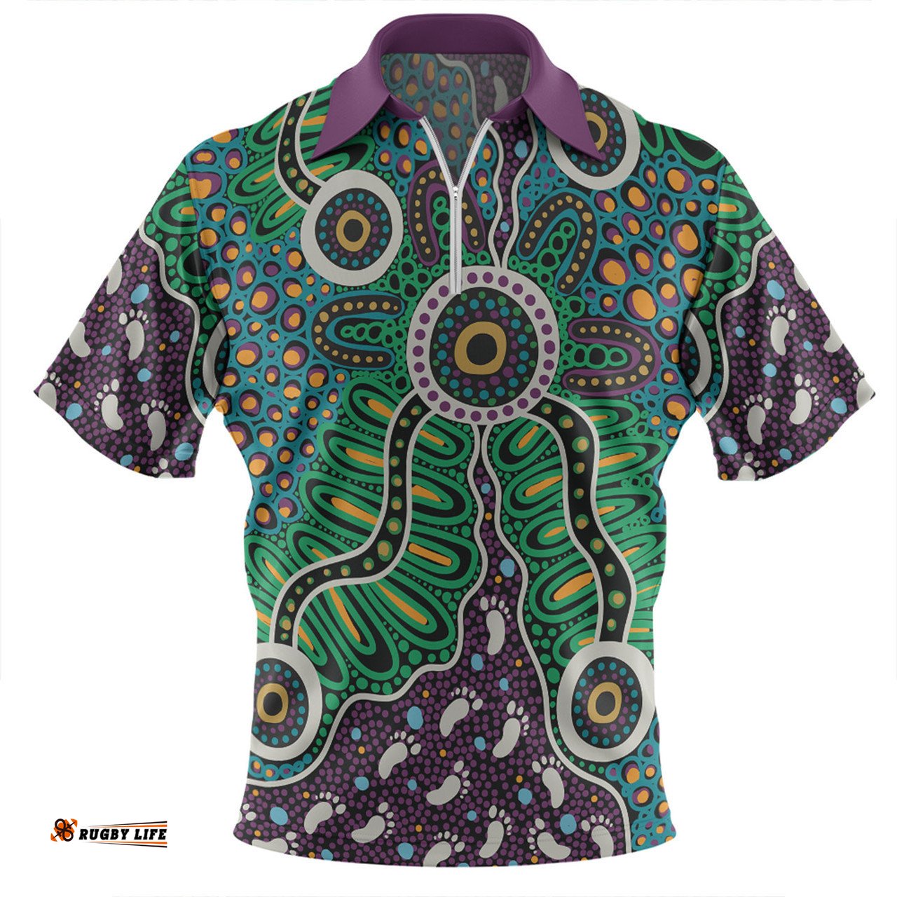 Australia Aboriginal Zip Polo Shirt - A Dot Painting In The Style Of Indigenous Australian Art Zip Polo Shirt